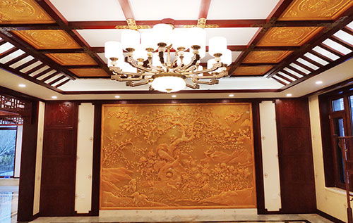 高明中式别墅客厅中式木作横梁吊顶装饰展示